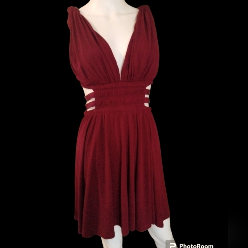 Express deep red goddess look dress Cut out sides gathered accent‎ waist.